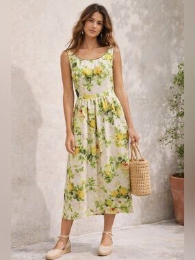 A-Line Yellow Rose Print Midi Dress | Vintage-Inspired Floral | Size Large